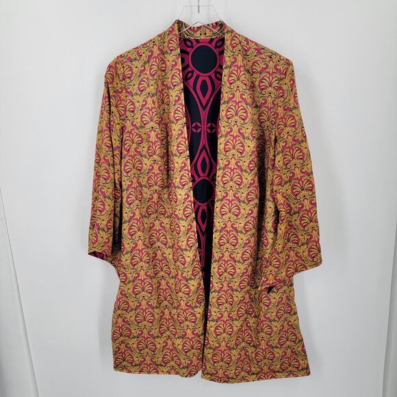 Chico's Reversible Kimono Womens Medium Pink Blue Gold Mixed Print Open Front - Picture 7 of 14